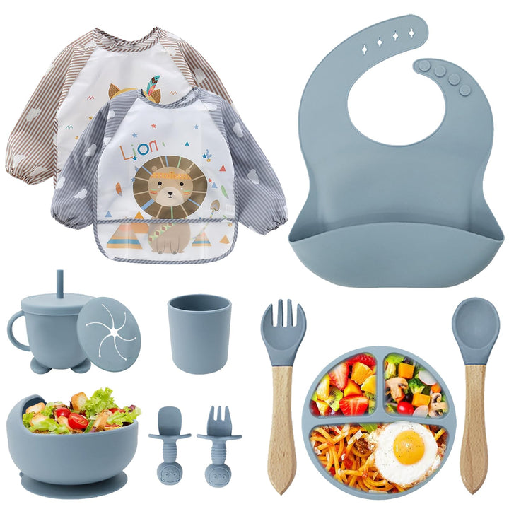 Baby Geschirrset,12er Set Kindergeschirr, Babylöffel,Trinklernbecher,Silikon Lätzchen,Baby Teller Ki