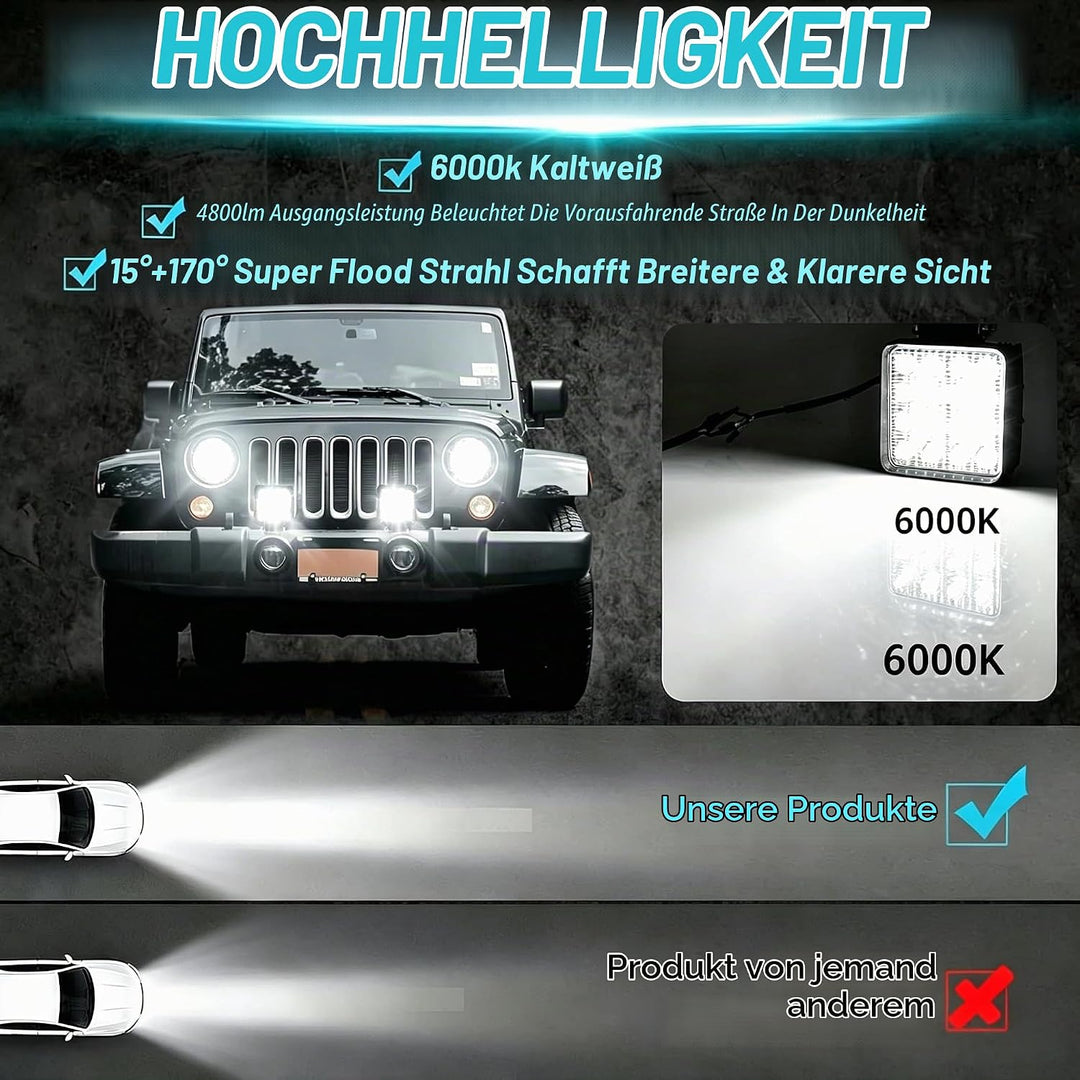 led Arbeitsscheinwerfer,2pcs led Scheinwerfer 12V 48W 4800LM LED strahler 6000K IP67 Spot &amp; Flood Qu