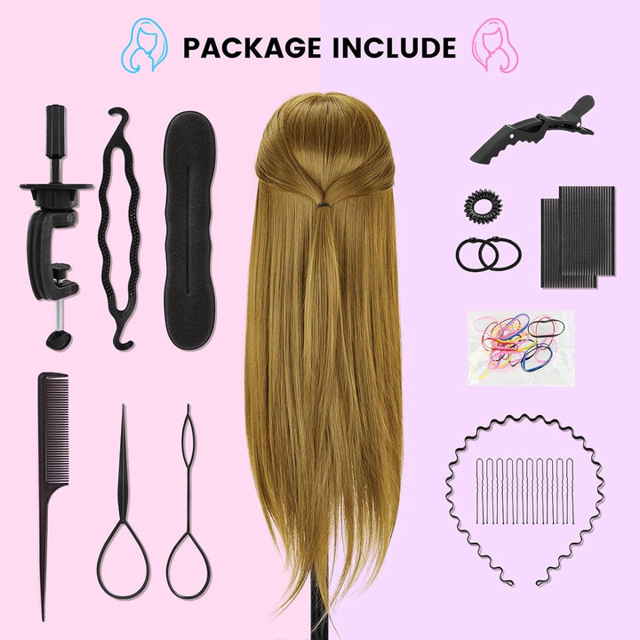 TwoWin Übungspuppe mit braunem Kopf, Echthaar, zum Flechten von Make-up, inklusive Klemmhalter, Brau