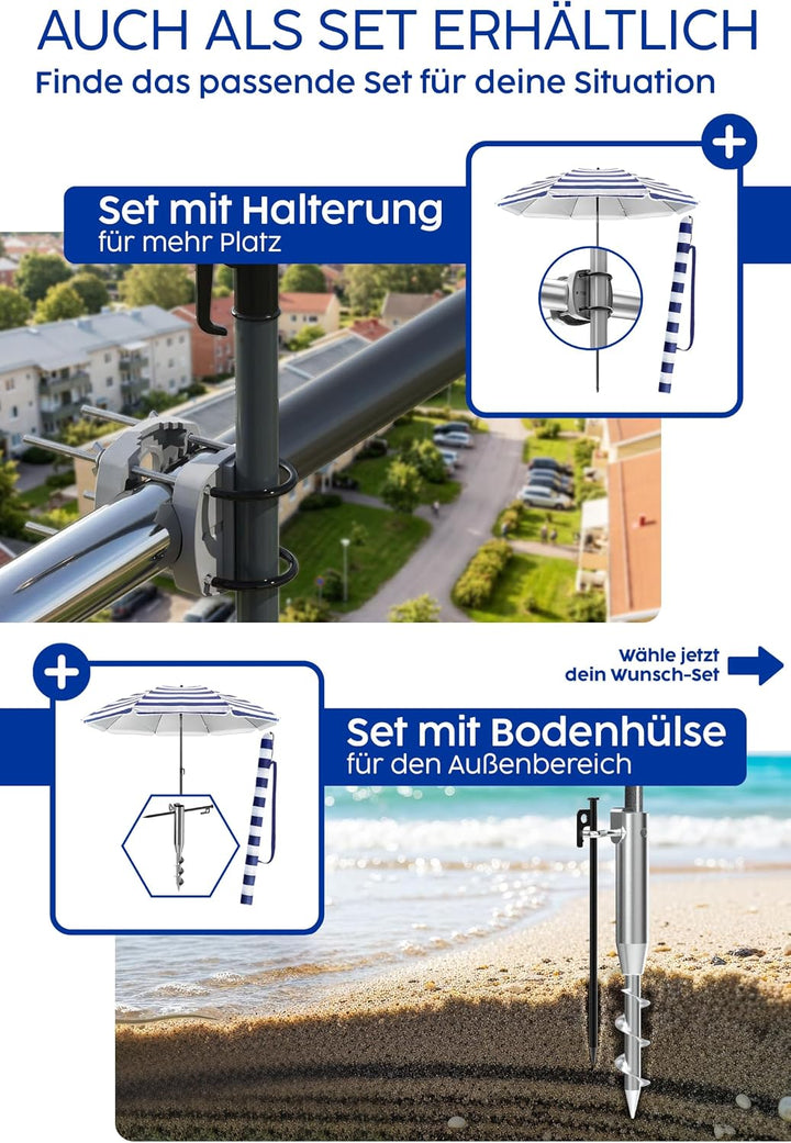4smile Strandschirm SunnyJoy, Ø 180 cm Blau-Weiss - UPF 50+ Sonnenschirm Strand mit Hülle, Sonnensch