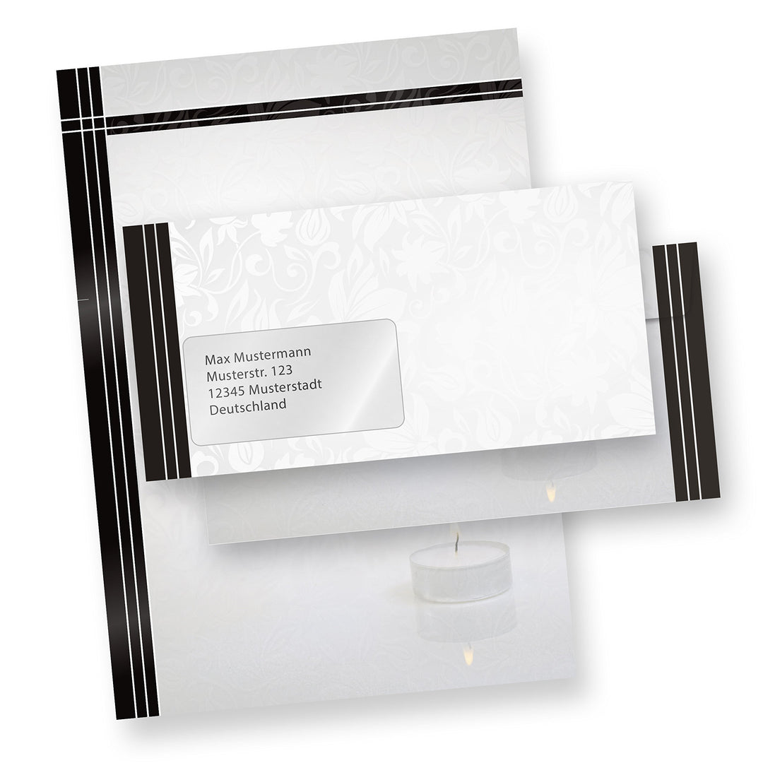 Briefpapier Set Trauer (500 Sets MIT Fenster) Set mit Briefbögen A4 und passende Trauerumschläge MIT