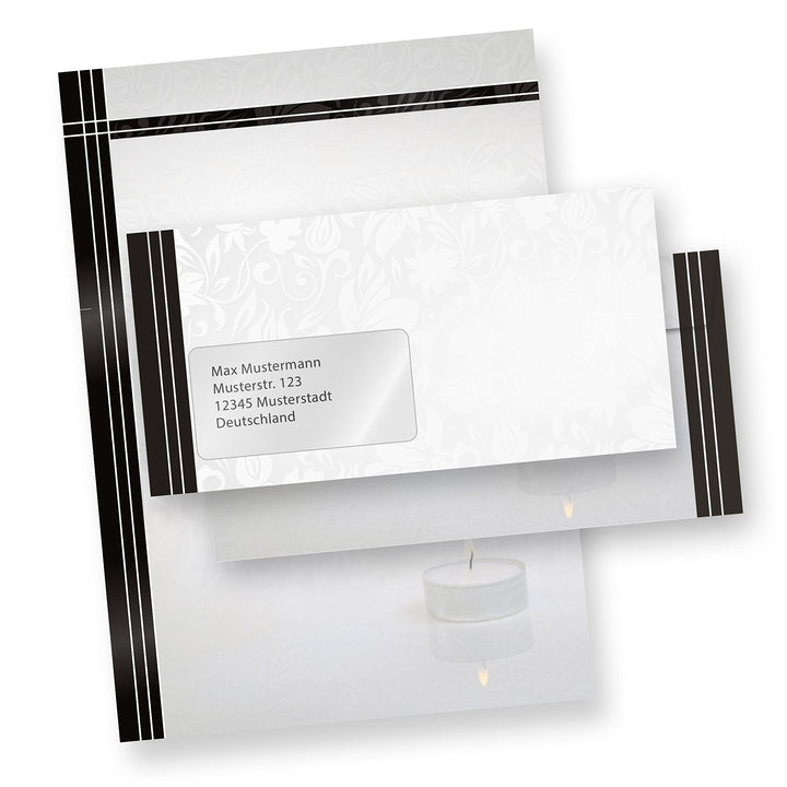 Briefpapier Set Trauer (500 Sets MIT Fenster) Set mit Briefbögen A4 und passende Trauerumschläge MIT