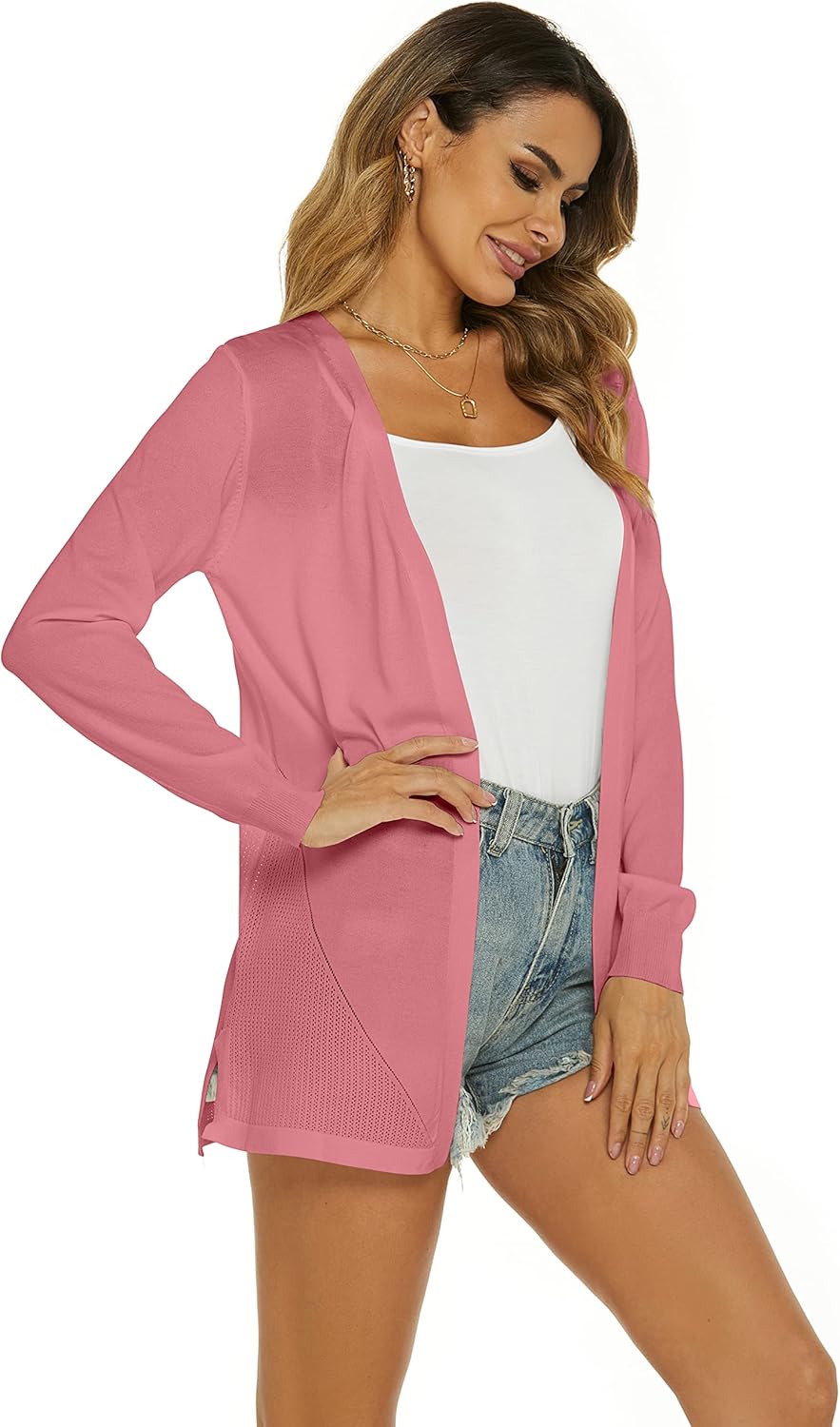 Damen Strickjacke Sommer Cardigan Elegant Lang Jacke Leichte Langarm Offene Strickjacke Sommerjacke