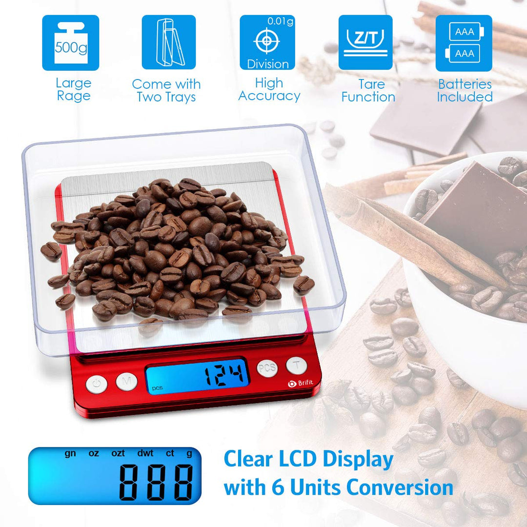 Brifit Taschenwaage 0,01g, Feinwaage 500g/0,01g Digitalwaage, Briefwaage, Grammwaage, mit EIN 100g E