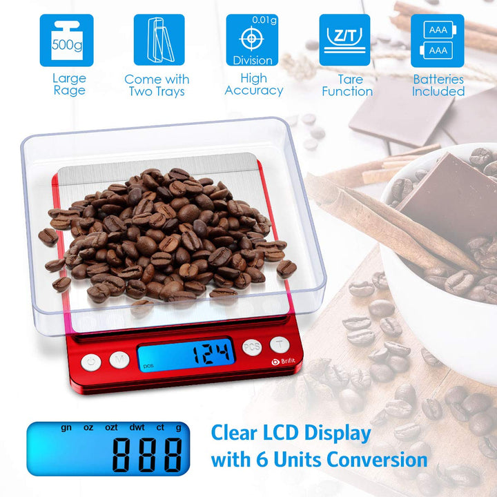 Brifit Taschenwaage 0,01g, Feinwaage 500g/0,01g Digitalwaage, Briefwaage, Grammwaage, mit EIN 100g E