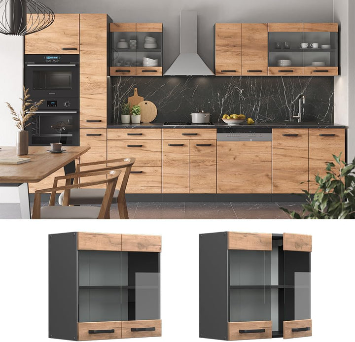Vicco Küchenschrank Glas R-Line, Goldkraft Eiche/Anthrazit, 60 cm Goldkraft Eiche Hängeglasschrank 6