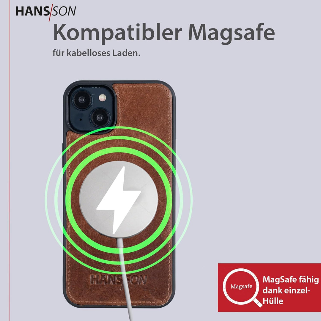 HANS/SON Klappbare Echtlederhülle | iPhone 14 Plus Ledercase mit Kartenfächern | Lederhülle mit Sche