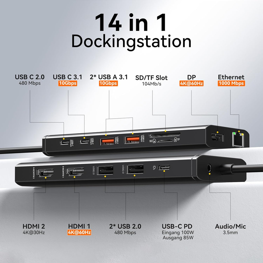 HODO Dockingstation Laptop 2 Monitore, Triple Display Docking Station USB-C Hub 14 in 1 mit Dual HDM