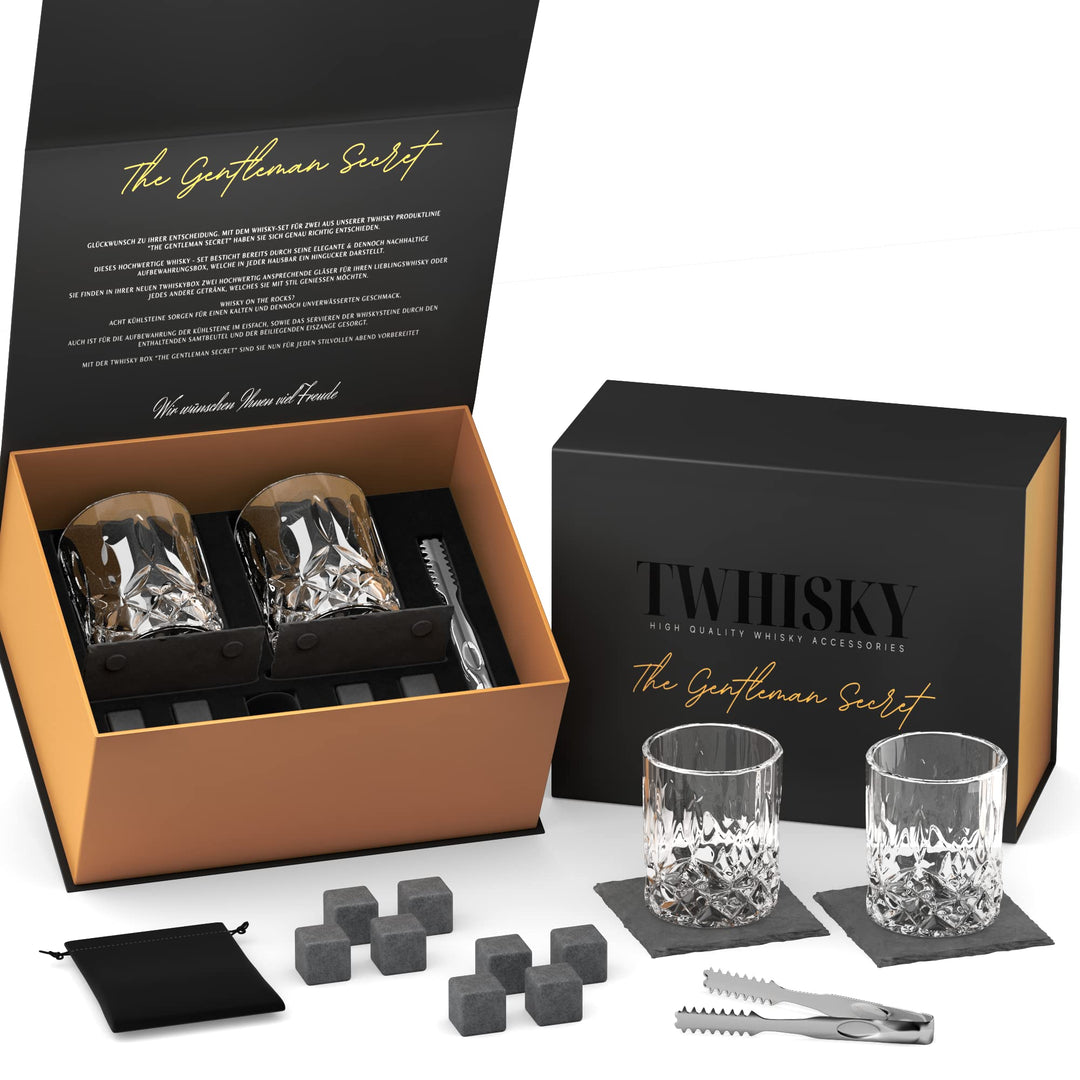 Twhisky Premium Whisky Gläser Geschenkset - 2 Whiskey Gläser Tumbler 300 ml, 8 Wiederverwendbare Whi