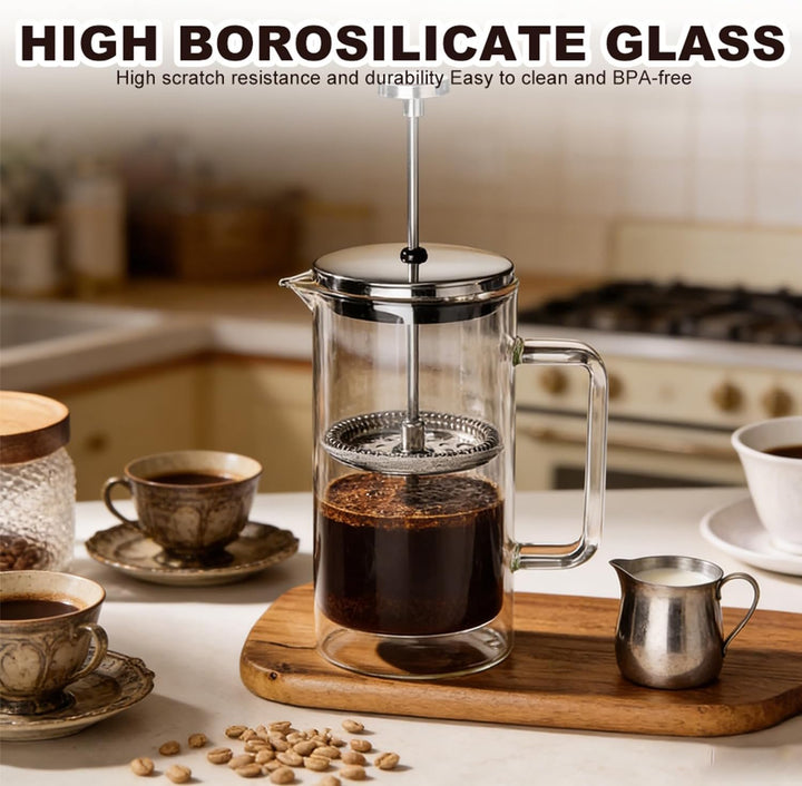 Kaffeepresse French Press 1 Liter, Töpfe Edelstahl & Glas mit Doppelwand Isolierung, Hitzebeständig