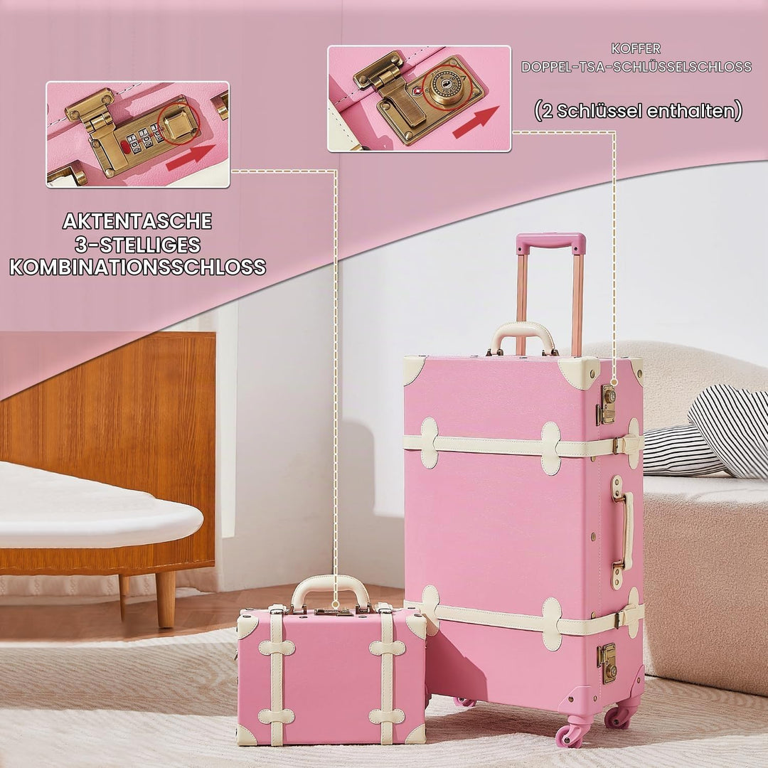 Unitravel Vintage Koffer Set 2 Teilig, Retro PU-Leder Handgepäck Koffer mit Kosmetikkoffer, Hell Ros