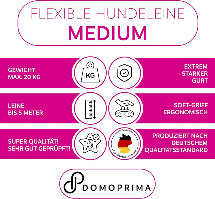 DOMOPRIMA Flexible Hundeleine 5 Meter, 3 Grössen (S,M,L), 4 Farben (grau, blau, grün, pink) - Rollle
