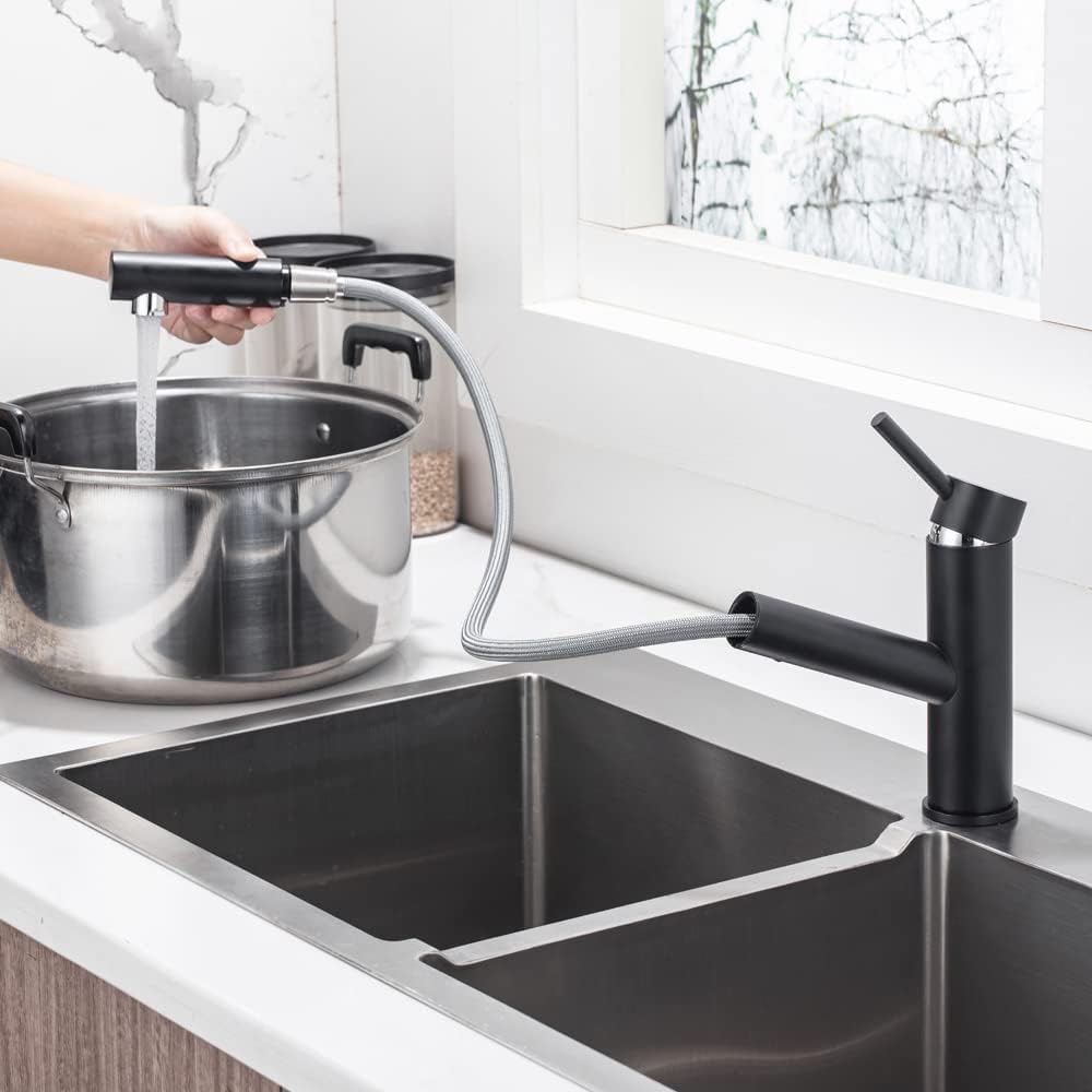 ONECE Wasserhahn Küche Schwarz mit ausziehbar, Spültischarmatur aus Edelstahl SUS304, Küchenarmatur