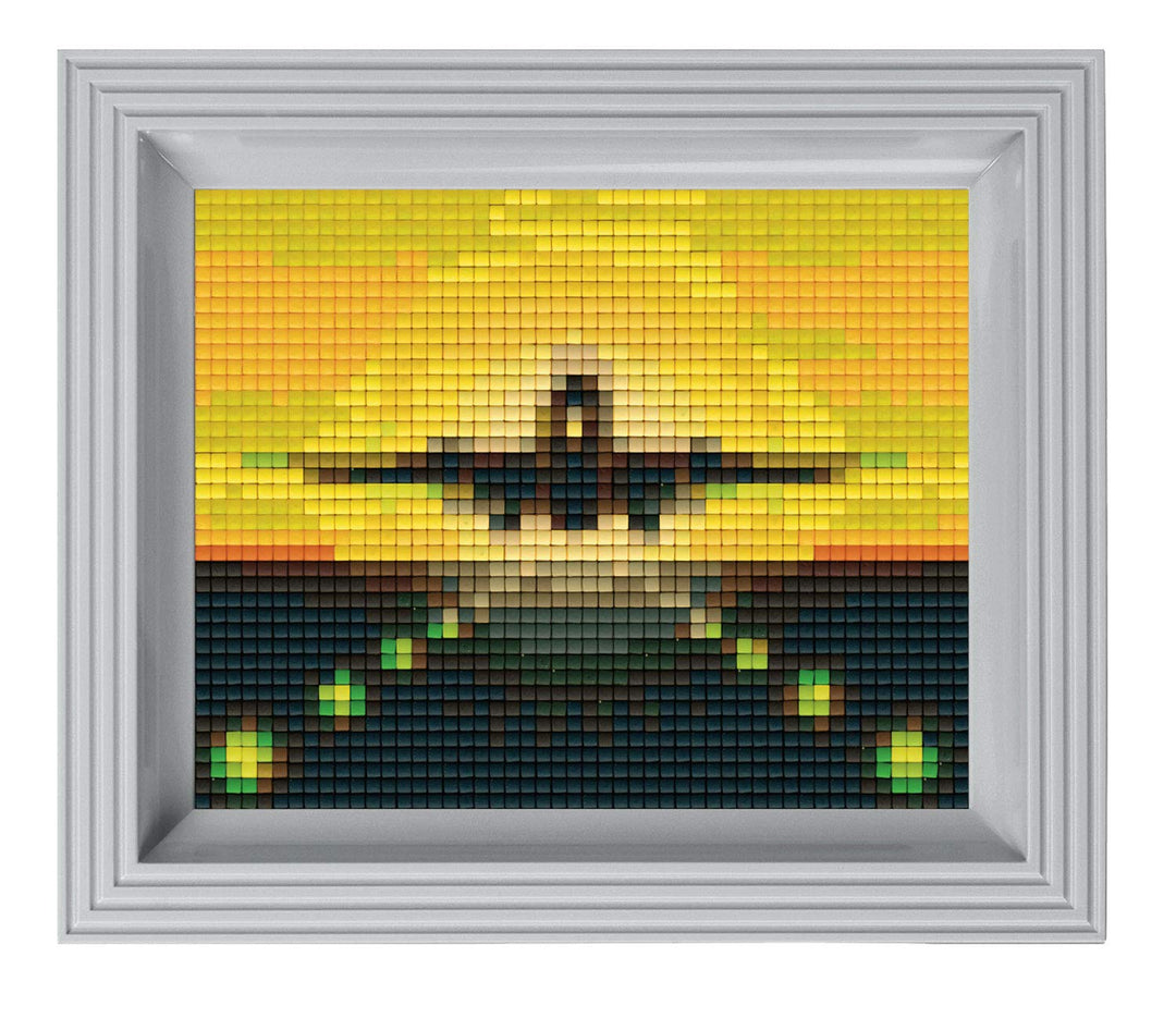 Pixel P31212 Mosaik Geschenkverpackung Flugzeuglandung, Pixelbild mit Rahmen, kinderleichtes Stecksy