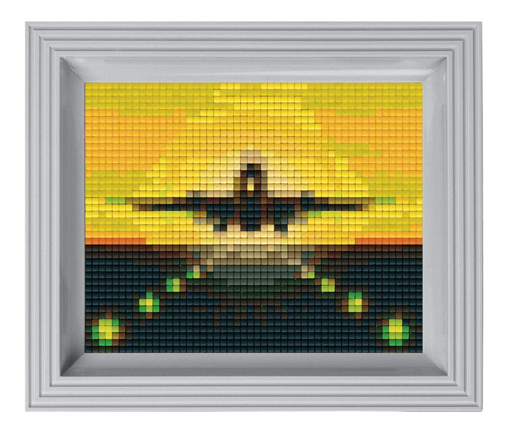 Pixel P31212 Mosaik Geschenkverpackung Flugzeuglandung, Pixelbild mit Rahmen, kinderleichtes Stecksy