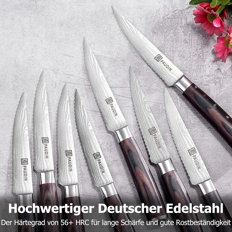 PAUDIN Steakmesser 8-teilig Set, Hochwertige Deutsche Edelstahl Steak Messer, Ultrascharfe Gezackte