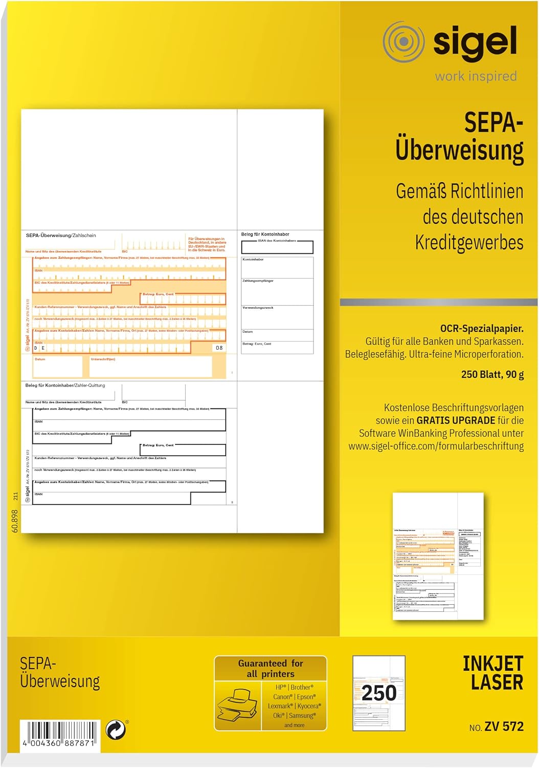 SIGEL ZV572 SEPA-Überweisungen, A4, 250 Blatt, incl. free download Beschriftungsassistent, 250