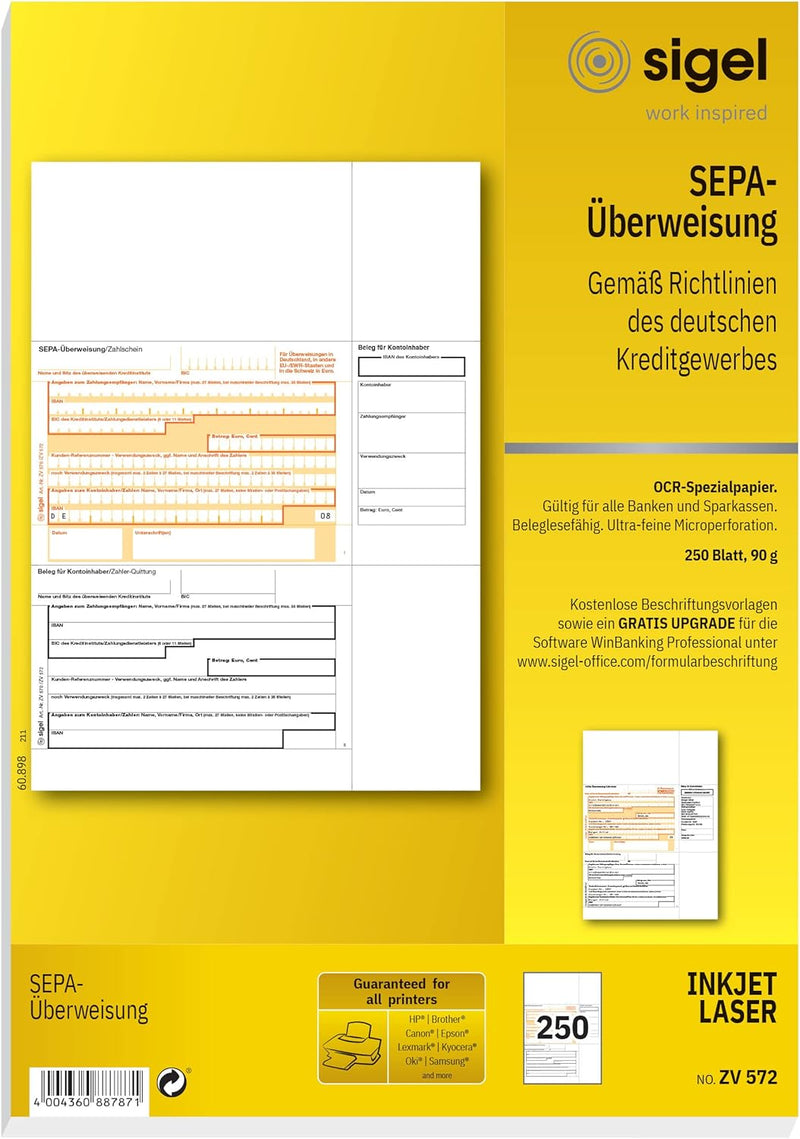SIGEL ZV572 SEPA-Überweisungen, A4, 250 Blatt, incl. free download Beschriftungsassistent, 250