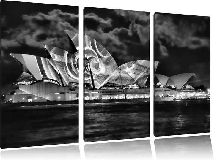 Pixxprint Monocrome, Sydney Opera House Lichter 3-Teiler Leinwandbild 120x80 Bild auf Leinwand