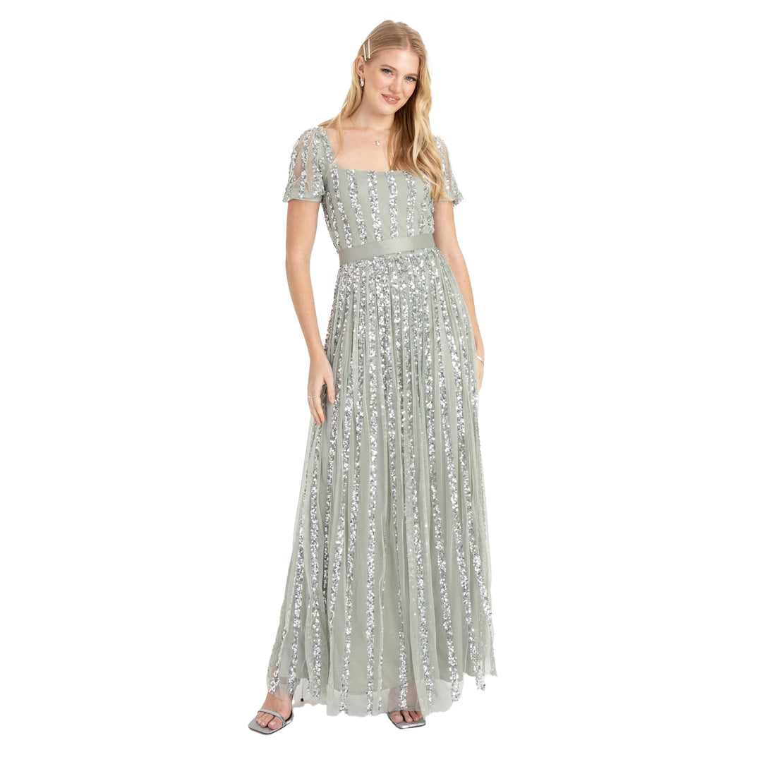 Maya Deluxe Damen Womens Ladies Maxi Occasion Dress Sequin Square Neck High Waist A Cut Evening Gown