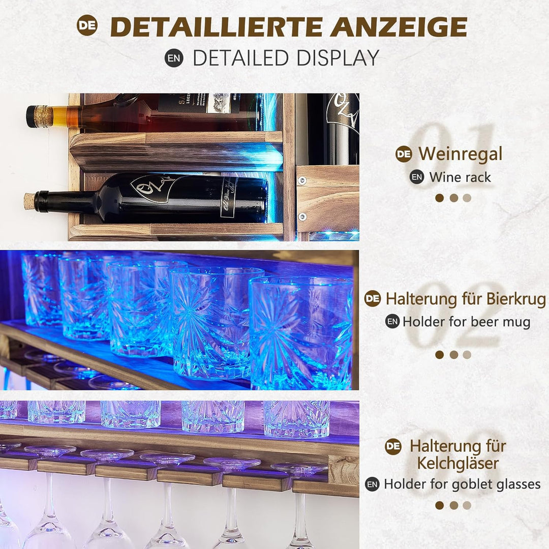 Yorbay Weinregal mit LED-Licht Palette Beflammt Holz, Wandbar mit Korkhalter, für Weingläser, Whisky