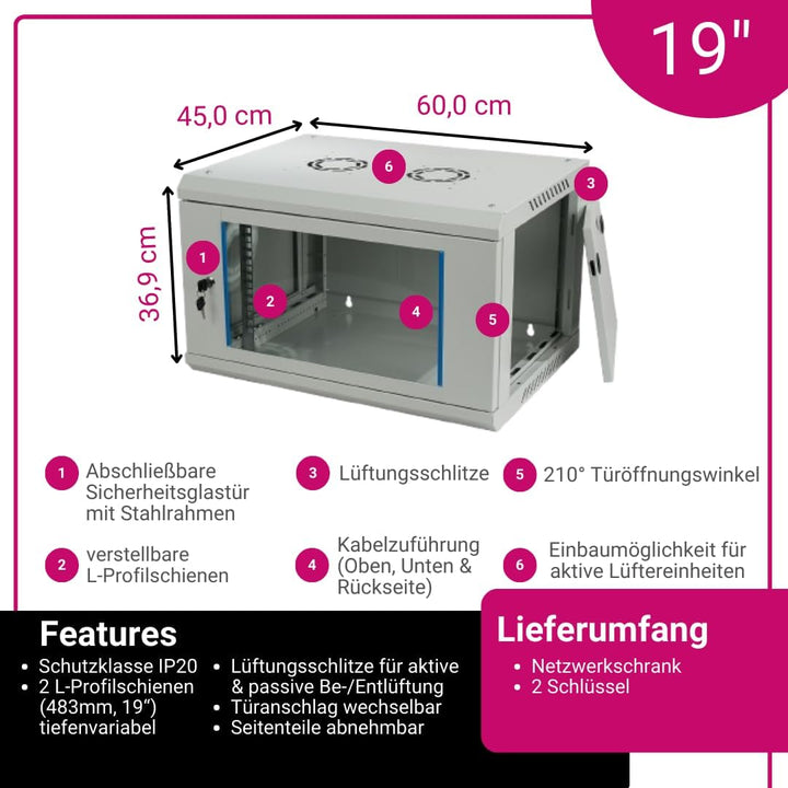 Koscom Connect Netzwerkschrank 6 HE I Serverschrank 19 Zoll I Wandmontage 600 x 450 x 369 mm I voll