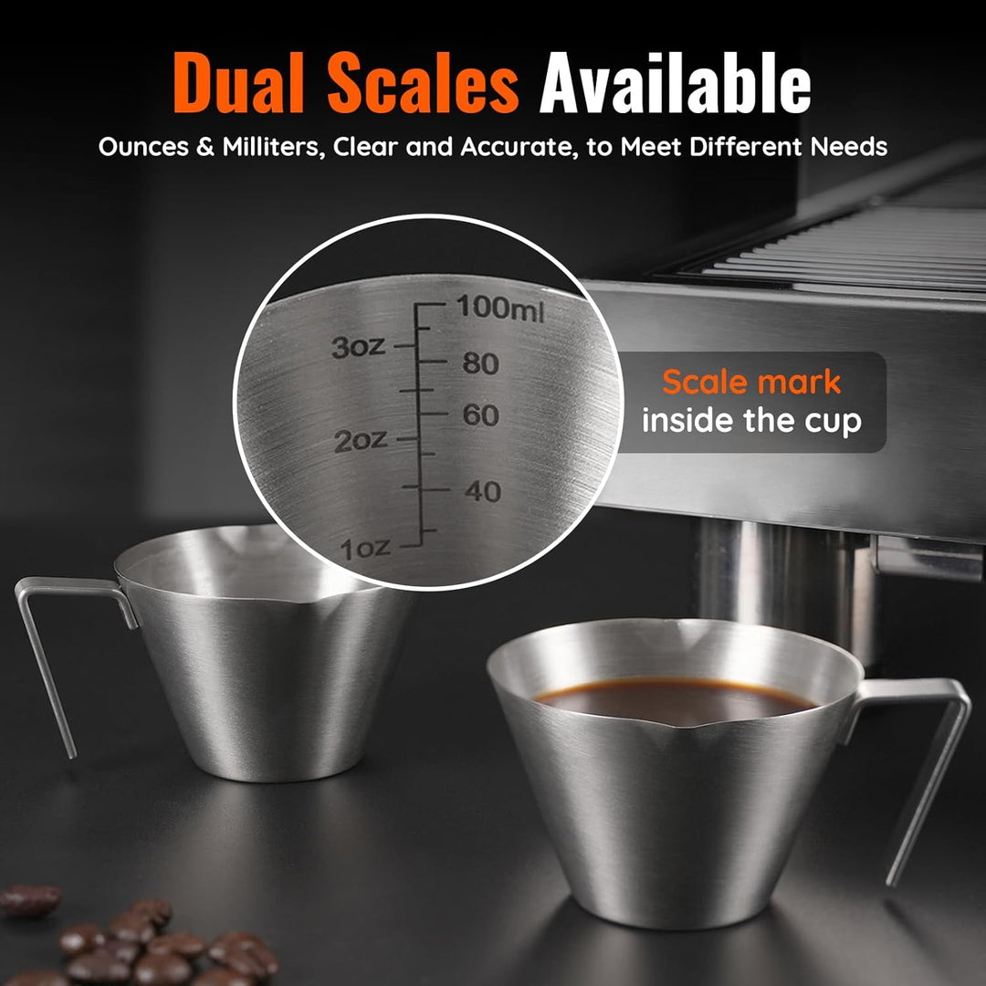 YARRAMATE Espressotassen mit Griff, Edelstahl-Espresso-Zubehör, Doppelausguss, Metall-Messbecher mit