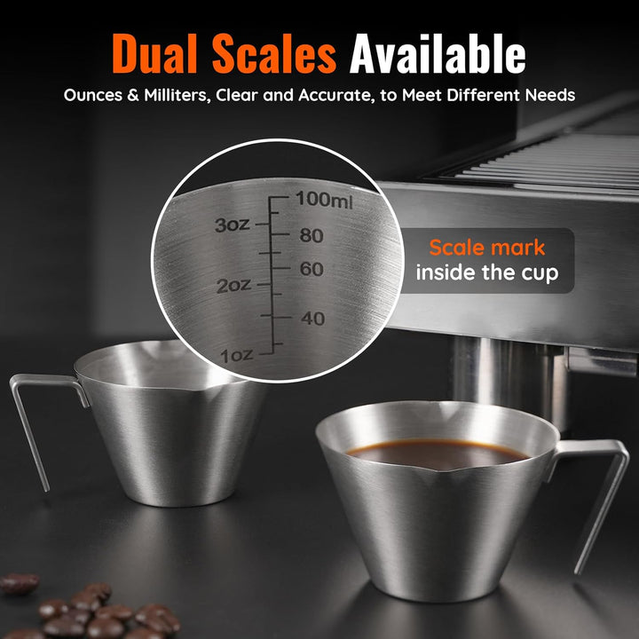 YARRAMATE Espressotassen mit Griff, Edelstahl-Espresso-Zubehör, Doppelausguss, Metall-Messbecher mit
