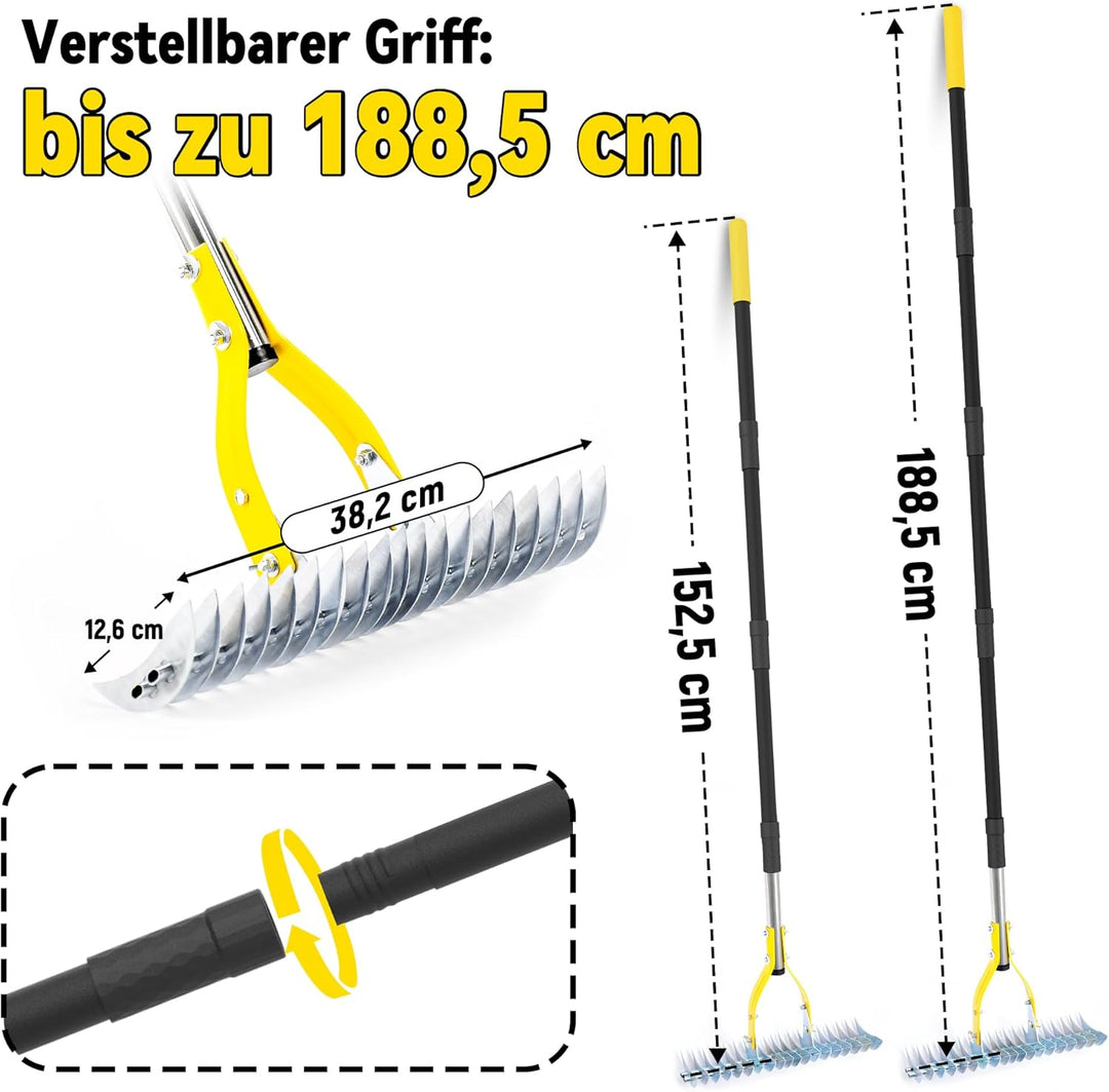 Gartenrechen Vertikutier-Rechen für den Rasen, 38 cm Verstellbarer Rechenkopf, Dethatcher zum Entfer