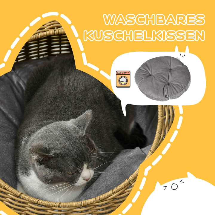 PawHut Rattan Katzenkorb Katzenhaus Katzenhütte mit Kissen für Katzen bis 4 kg, Haustierbett Katzenh