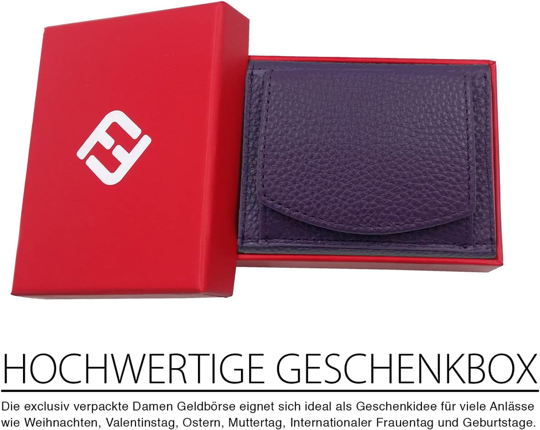 Kleines Portemonnaie Damen mini, Reise Geldbörse, viele Fächer, Echtleder lila, RFID Blocker, Münzfa