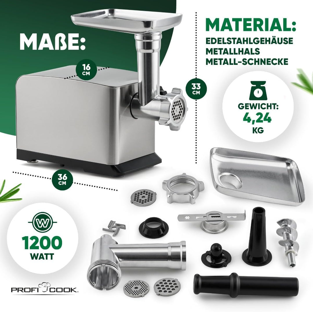 ProfiCook Fleischwolf 1200W | mit Aufsatz für Plätzchen/Spritzgebäck | Fleischwolf elektrisch | 3 Me