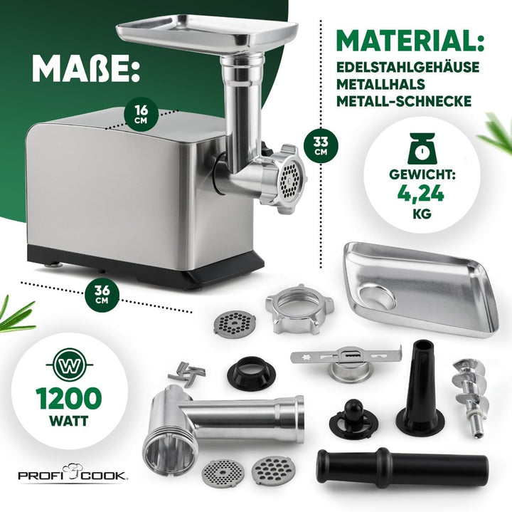 ProfiCook Fleischwolf 1200W | mit Aufsatz für Plätzchen/Spritzgebäck | Fleischwolf elektrisch | 3 Me