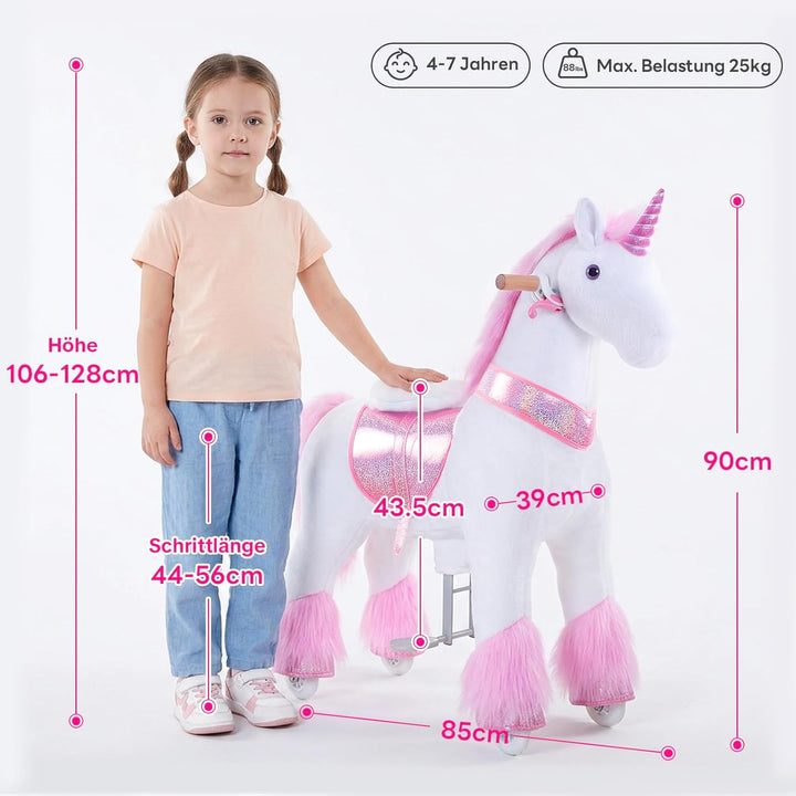 PonyCycle Einhorn zum Reiten, für Kinder 4–7 Jahre, 76cm Hoch, Einhorn auf Rollen mit Handbremse und