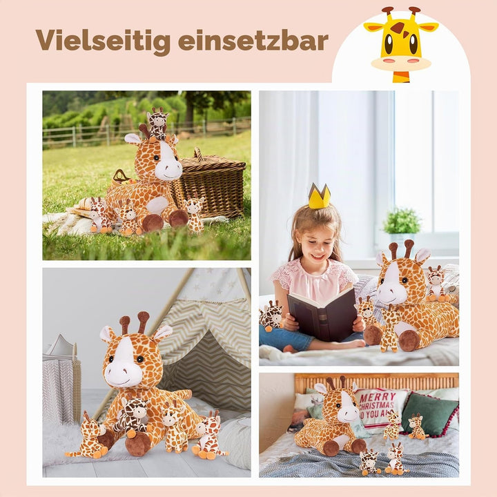 MorisMos 55cm lang riesen Giraffe Kuscheltier gross, Giraffe Stofftier XXL mit 4 Plüschbaby im Bauch