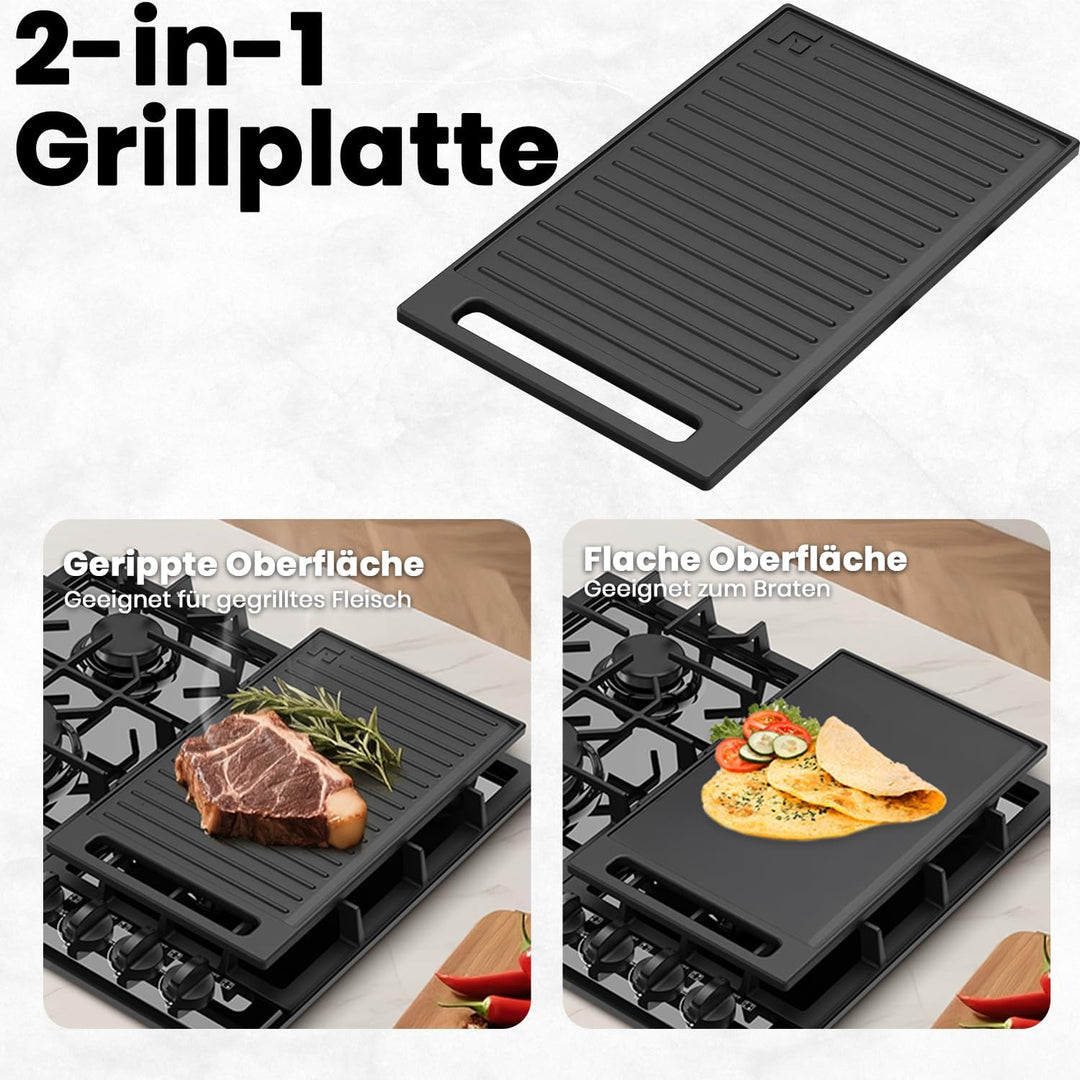 GASLAND GDS25C Grillplatte, Flache Grillpfanne mit Griff für Gaskochfelder, Gusseisen, Rostschutz, Z