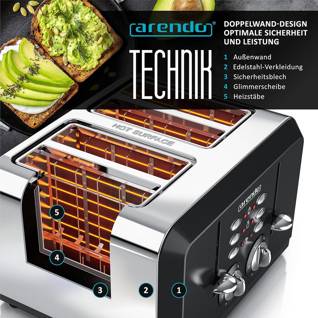 Arendo - Automatik Toaster 4 Scheiben in Edelstahl - bis zu vier Sandwich und Toast-Scheiben - Bräun