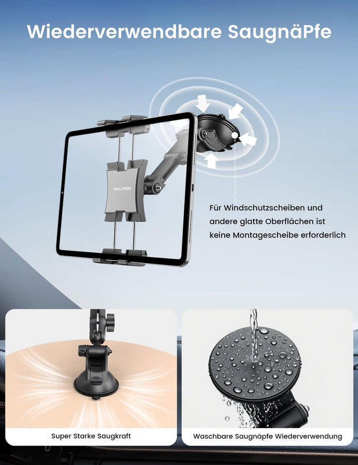 OHLPRO Tablet Halterung Auto,360° Drehung Tablethalterungen 18cm Ausziehbare Arm+ Waschbar Saugnapf,