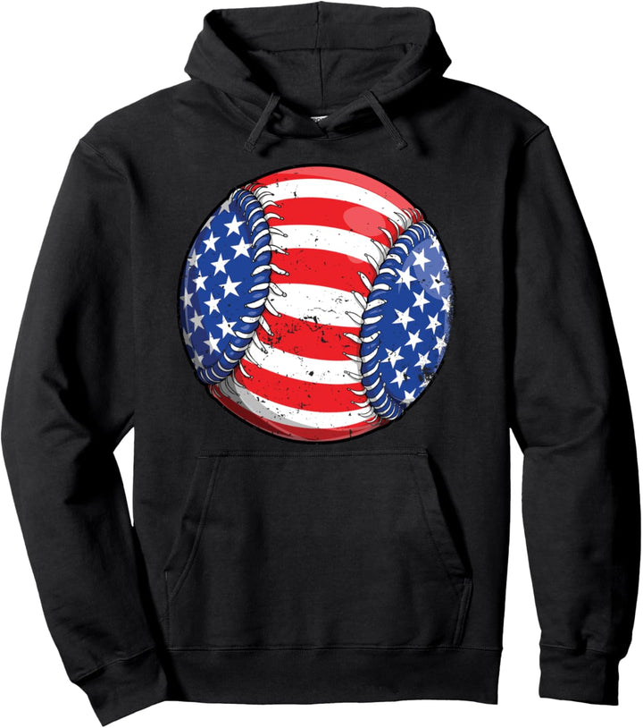Baseball Ball 4th Of July Men USA American Flag Vintage Pullover Hoodie