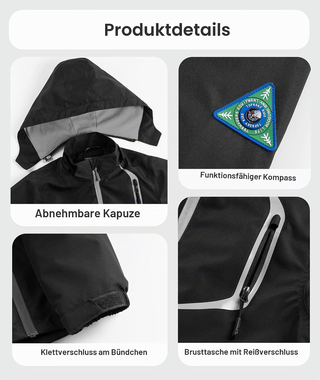 YoungSoul Kinder wasserdichte Regenjacke mit Abnehmbarer Kapuze 104-110 Schwarz, 104-110 Schwarz