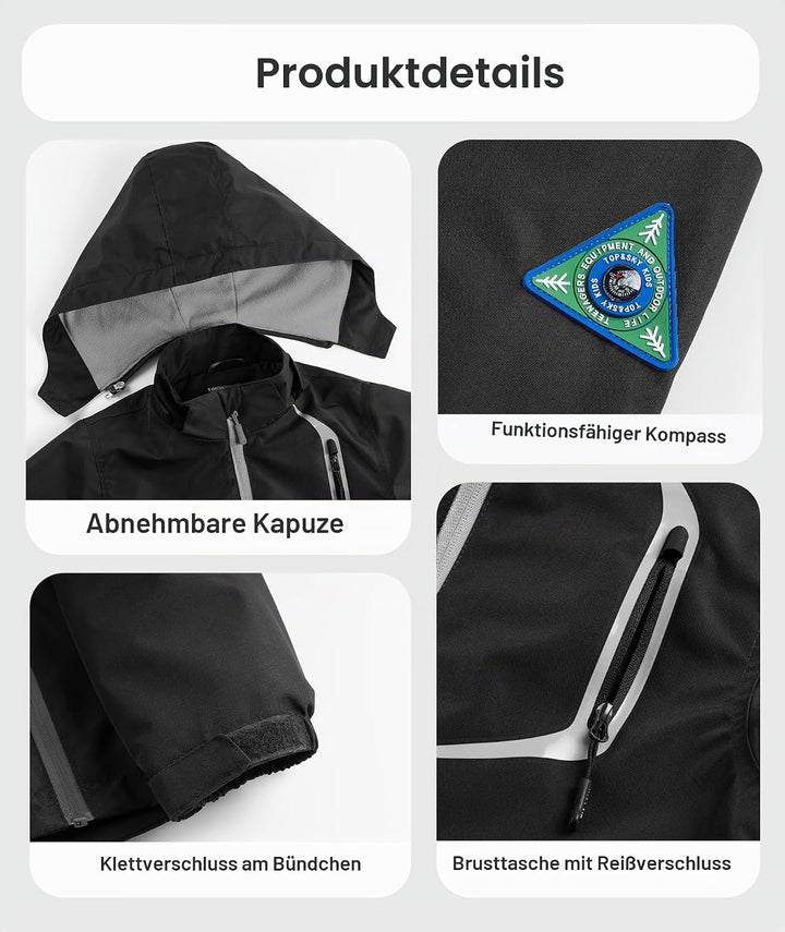 YoungSoul Kinder wasserdichte Regenjacke mit Abnehmbarer Kapuze 104-110 Schwarz, 104-110 Schwarz