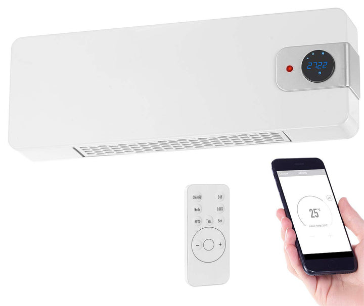 Sichler Haushaltsgeräte Heizlüfter WLAN: WLAN-Keramik-Wandheizlüfter, LED-Display, 2.000 W, App, Goo