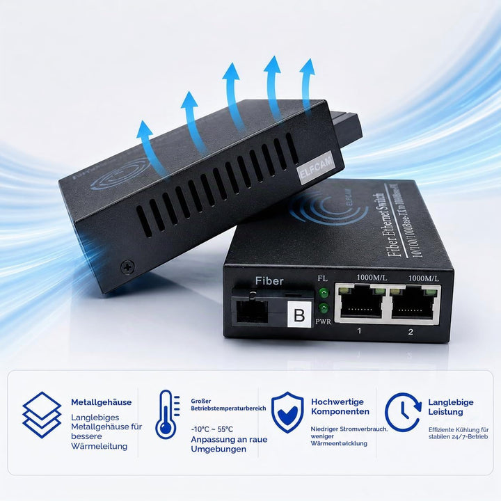 Elfcam® - Gigabit Ethernet LWL Medienkonverter Glasfaser 10/100/1000 Mbps inklusive Mini-GBIC (SFP)