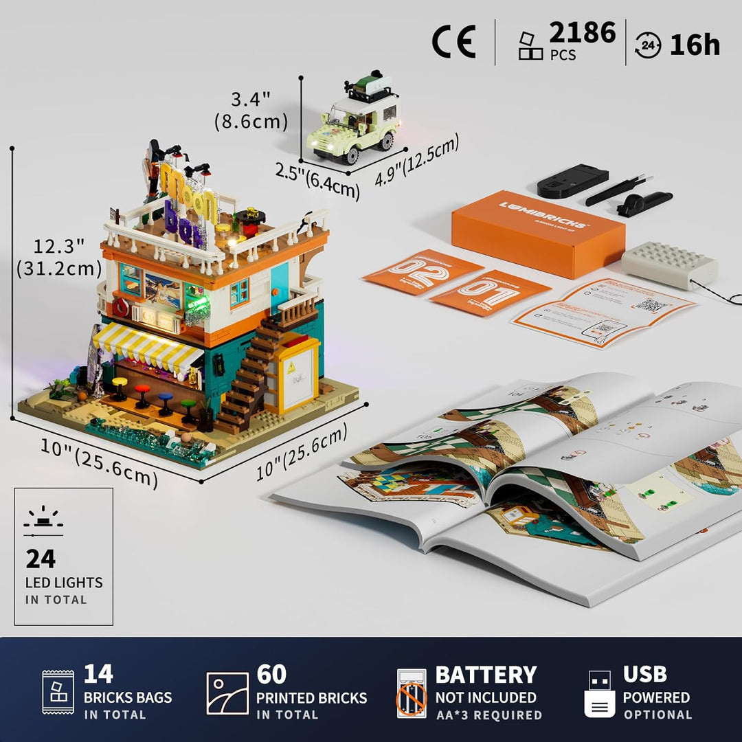 Lumibricks Road Trip Moon Bar Bausatz, 2186 Teile Küsten-Tavernen-Modell mit LED-Licht-Set, 5 Minifi