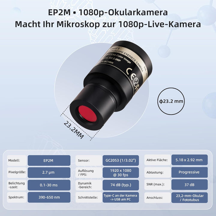 SWIFT EP2M 2-MP 1080p-Okularkamera, USB-Mikroskopkamera für 23,2-mm Okulare & Trinokular-Fototuben,