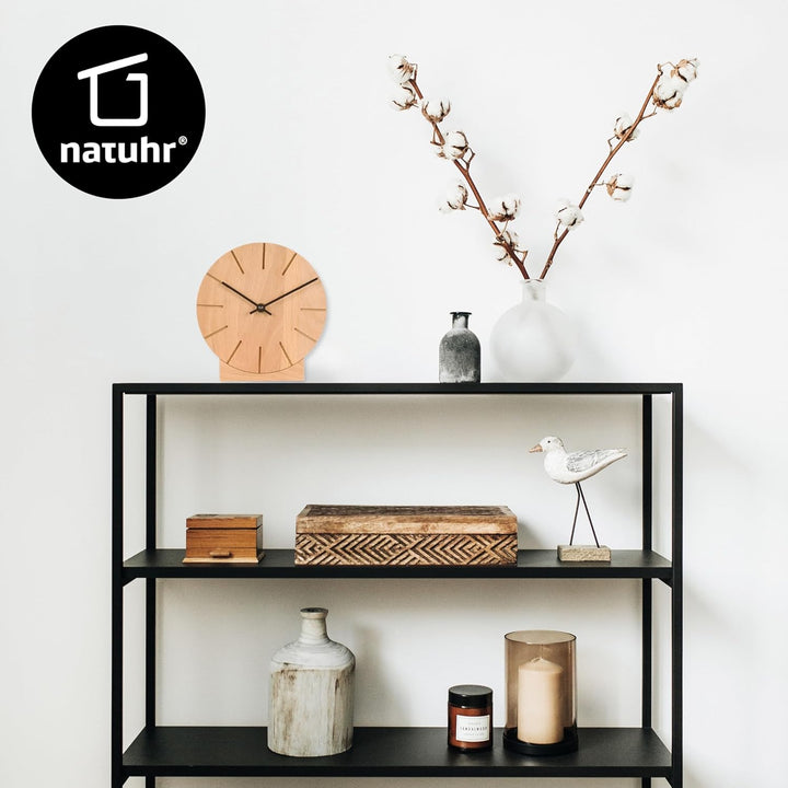 Natuhr Funkuhr Wanduhr Tischuhr Buche Holz - Boom - geräuscharm Massivholz Design ø17 cm (Buche geöl