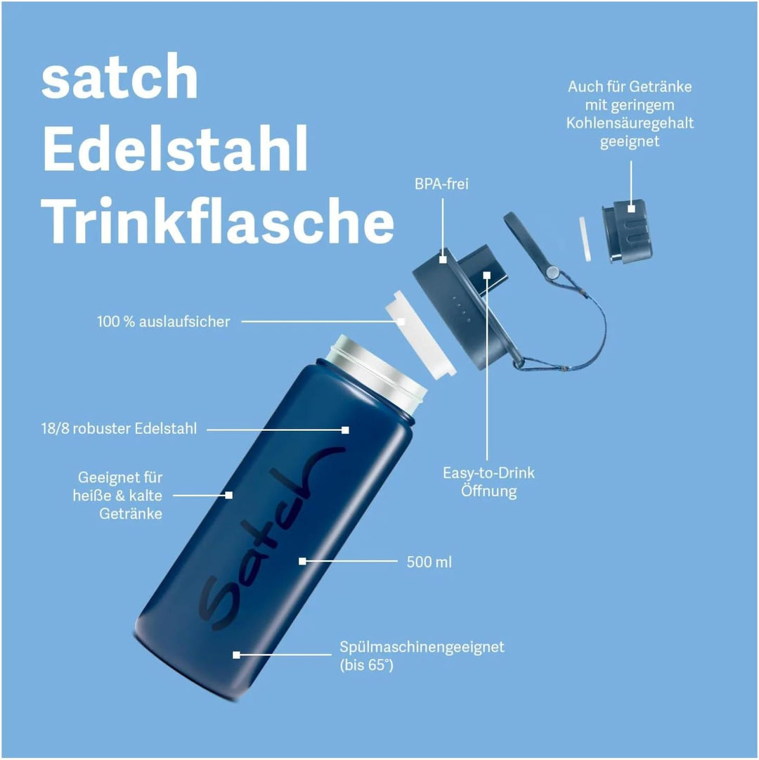 Satch Trinkflasche aus Edelstahl BPA-frei 0,5l, Auslaufsicher und Kohlensäure geeignet, für Heisse u