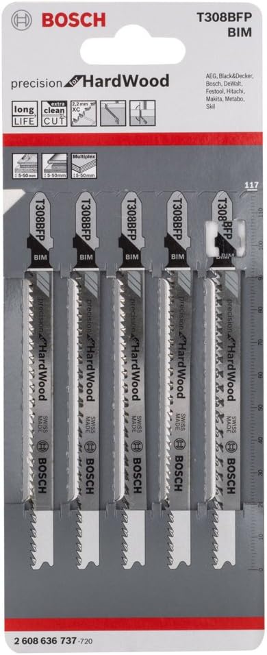 Bosch Accessories Professional 5 Stück Stichsägeblatt T 308 BFP Precision for Wood (für Holz, Länge