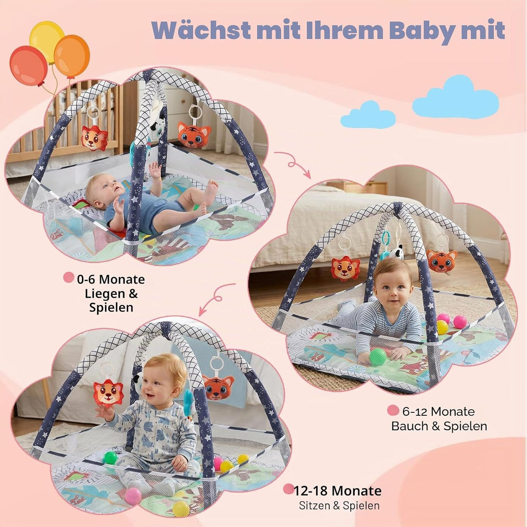 Baby-Spielmatte &amp; Activity-Center mit integriertem Schutzrand, Spielzeug, Spiegel und Bällen – Boden