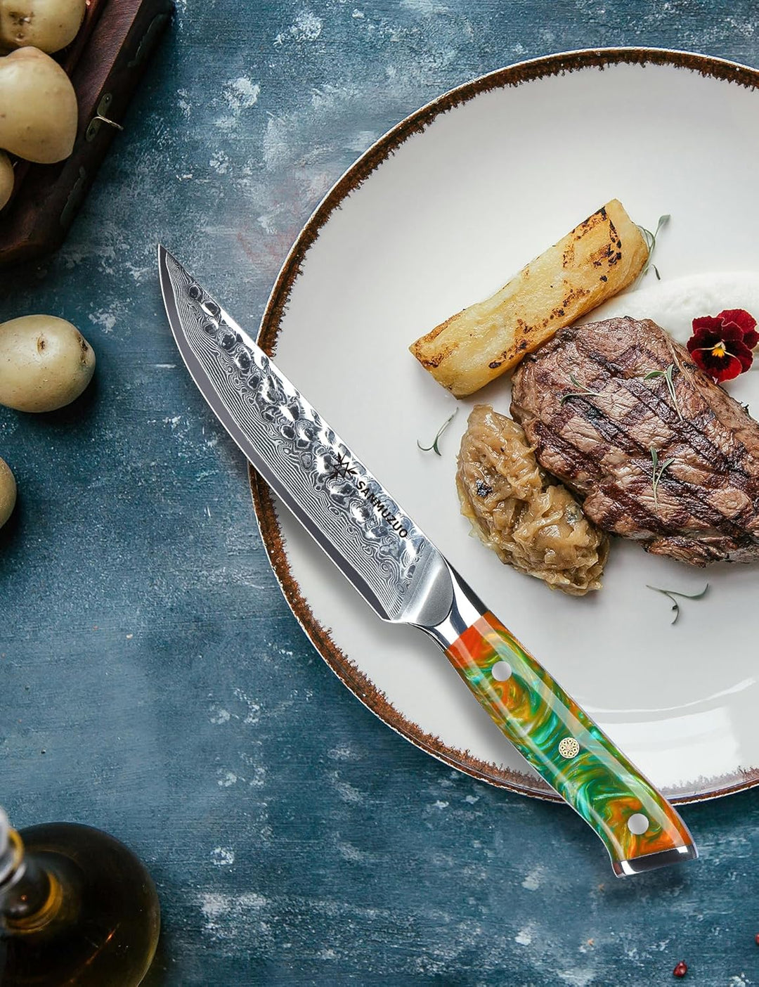 Damaskus Steakmesser 4-Teilig - Profi Kochmesser 13 cm Besteckmesser, Gehämmertem Damaskus Stahl und
